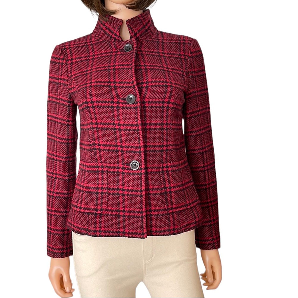 Talbots Chevron Plaid Red Black Blazer Jacket Mandarin Collar Size 6P